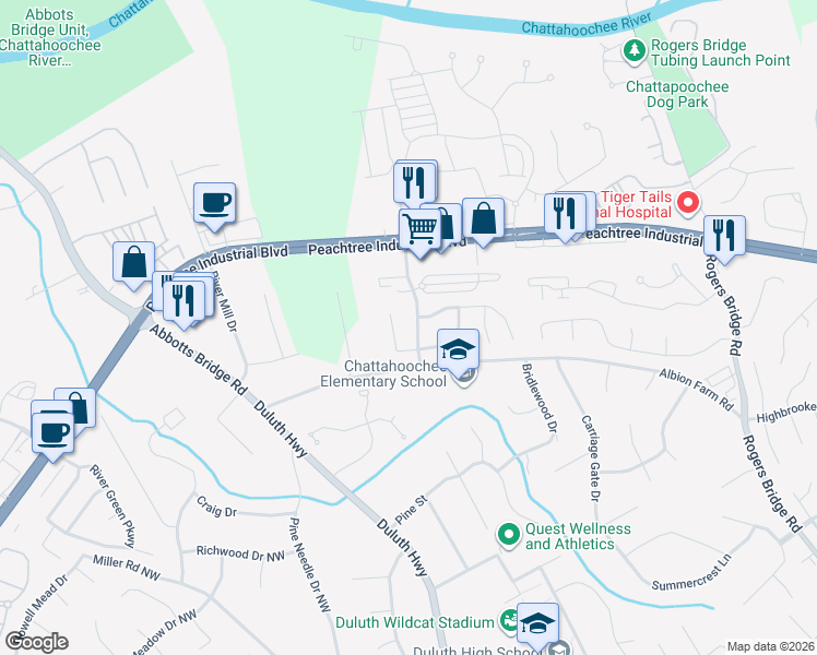 map of restaurants, bars, coffee shops, grocery stores, and more near 4030 Chattahoochee Trace in Duluth