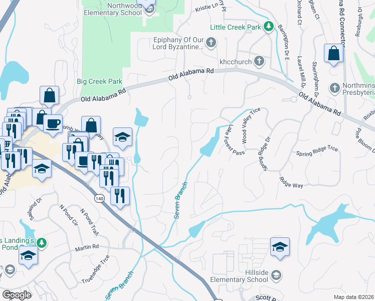 map of restaurants, bars, coffee shops, grocery stores, and more near 9790 Lake Forest Way in Roswell