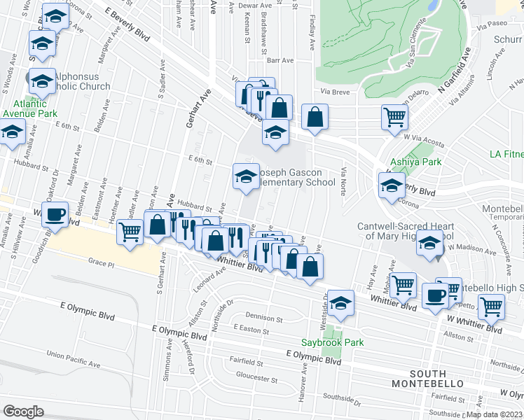 map of restaurants, bars, coffee shops, grocery stores, and more near 658 School Avenue in Los Angeles