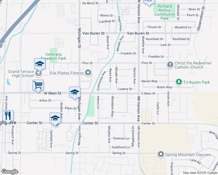 map of restaurants, bars, coffee shops, grocery stores, and more near 22294 Ladera St in Grand Terrace
