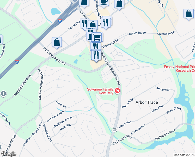 map of restaurants, bars, coffee shops, grocery stores, and more near 2950 Richmond Row Drive in Suwanee