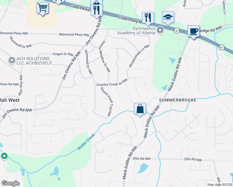 map of restaurants, bars, coffee shops, grocery stores, and more near 3405 Owens Pass Northwest in Kennesaw
