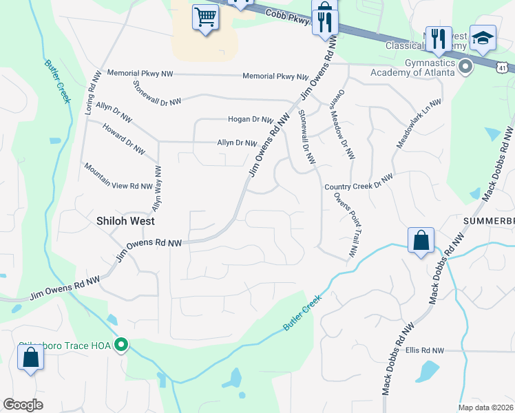 map of restaurants, bars, coffee shops, grocery stores, and more near 2647 Marleigh Farm Road Northwest in Kennesaw
