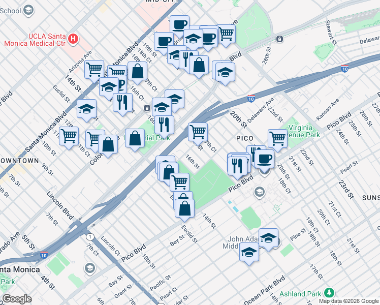 map of restaurants, bars, coffee shops, grocery stores, and more near 1803 16th Street in Santa Monica