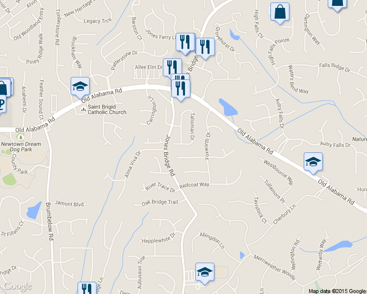 map of restaurants, bars, coffee shops, grocery stores, and more near 9862 Talisman Drive in Alpharetta