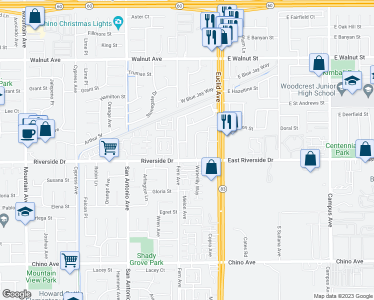 map of restaurants, bars, coffee shops, grocery stores, and more near 2958 South Via Belamaria in Ontario