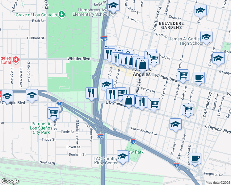 map of restaurants, bars, coffee shops, grocery stores, and more near 1106 South Duncan Avenue in East Los Angeles