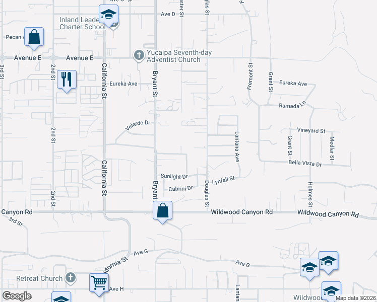 map of restaurants, bars, coffee shops, grocery stores, and more near 35392 Mountain View Street in Yucaipa