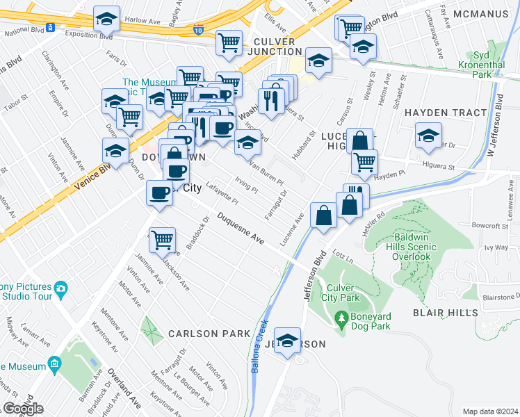 map of restaurants, bars, coffee shops, grocery stores, and more near 4176 Lafayette Place in Culver City