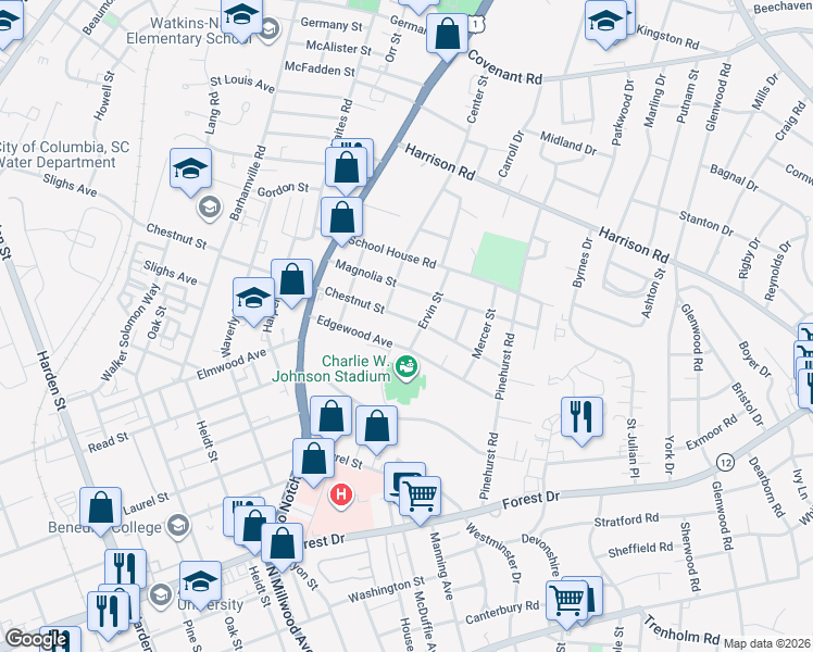map of restaurants, bars, coffee shops, grocery stores, and more near 2716 Chestnut Street in Columbia
