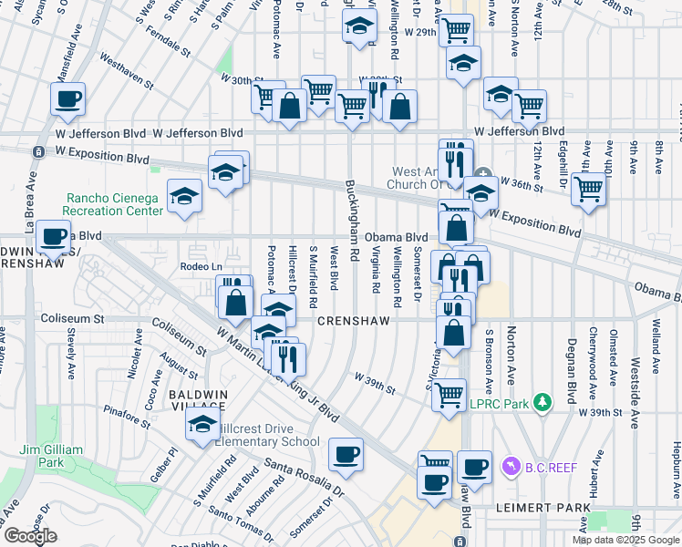 map of restaurants, bars, coffee shops, grocery stores, and more near 3646 West Boulevard in Los Angeles
