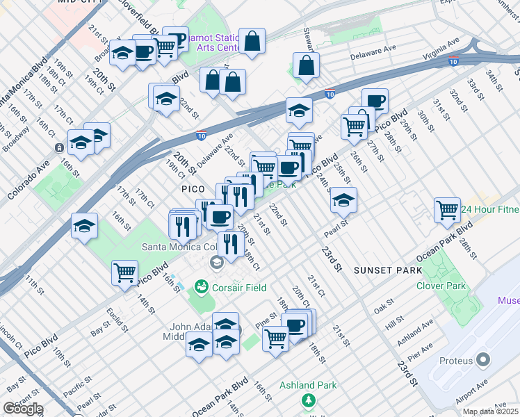 map of restaurants, bars, coffee shops, grocery stores, and more near 2029 Pico Boulevard in Santa Monica