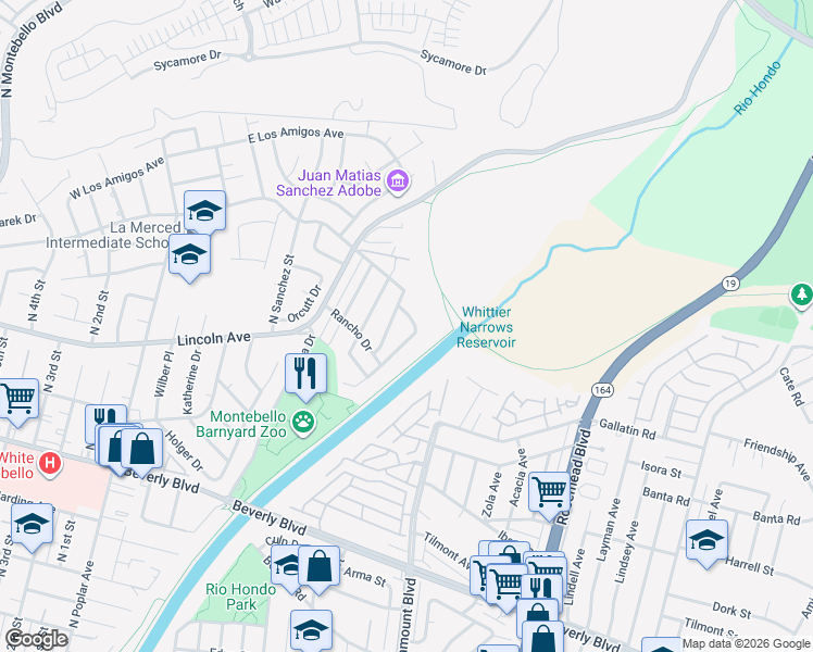 map of restaurants, bars, coffee shops, grocery stores, and more near 801 Rio Del Sol Avenue in Montebello