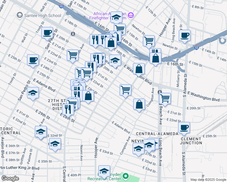 map of restaurants, bars, coffee shops, grocery stores, and more near 1425 East 22nd Street in Los Angeles