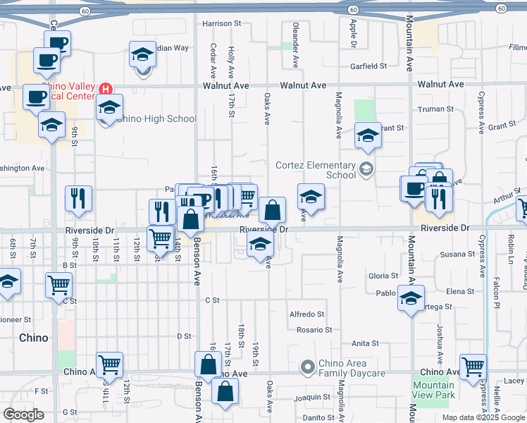 map of restaurants, bars, coffee shops, grocery stores, and more near 12850 Oaks Avenue in Chino