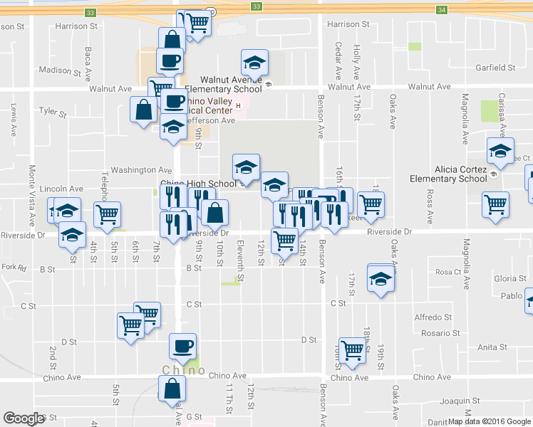 map of restaurants, bars, coffee shops, grocery stores, and more near 12849 12th St in Chino