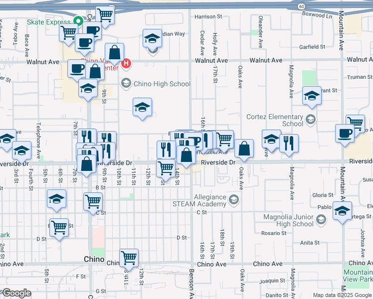 map of restaurants, bars, coffee shops, grocery stores, and more near 12862 Benson Avenue in Chino