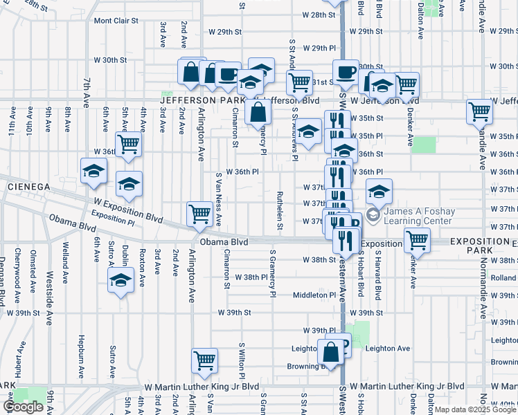 map of restaurants, bars, coffee shops, grocery stores, and more near 3733 South Gramercy Place in Los Angeles