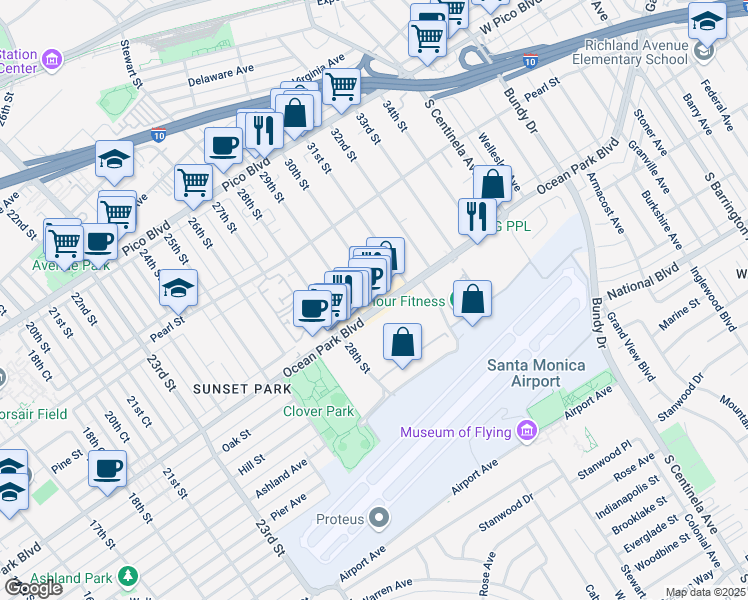 map of restaurants, bars, coffee shops, grocery stores, and more near 2901 Ocean Park Boulevard in Santa Monica