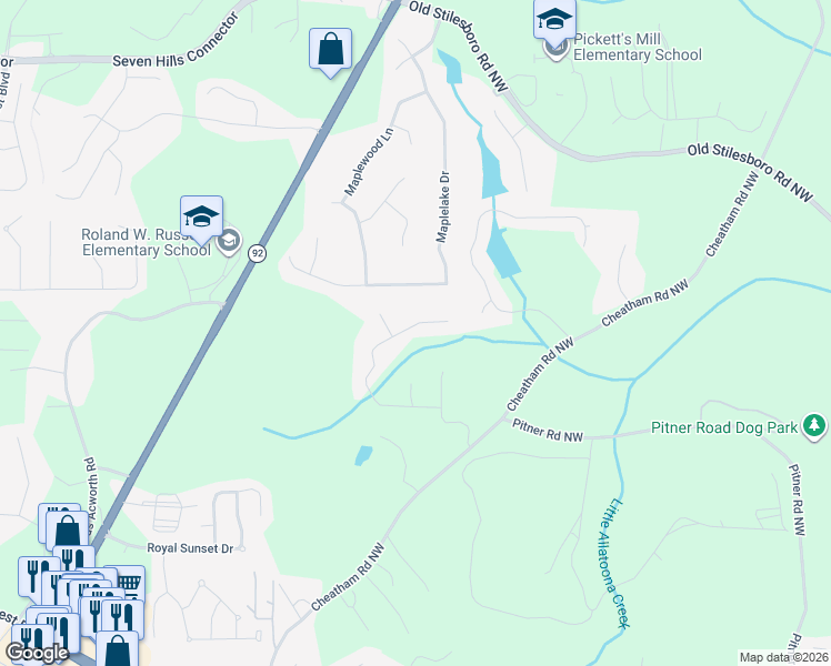 map of restaurants, bars, coffee shops, grocery stores, and more near 384 Highlander Way in Acworth
