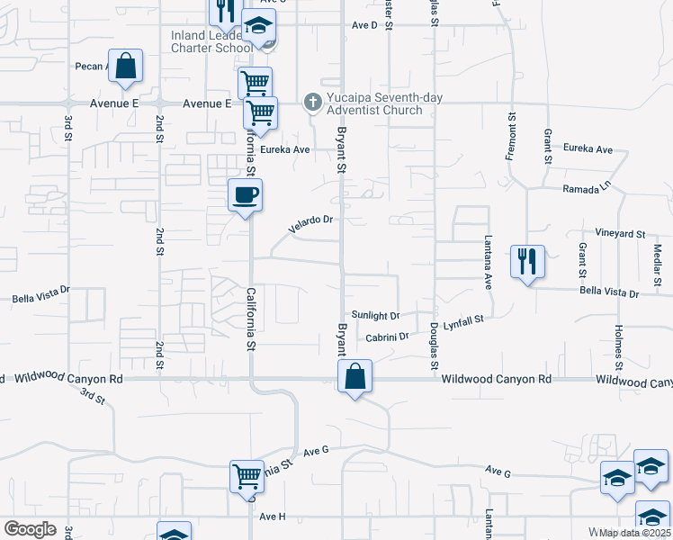 map of restaurants, bars, coffee shops, grocery stores, and more near 35289 Mountain View Street in Yucaipa