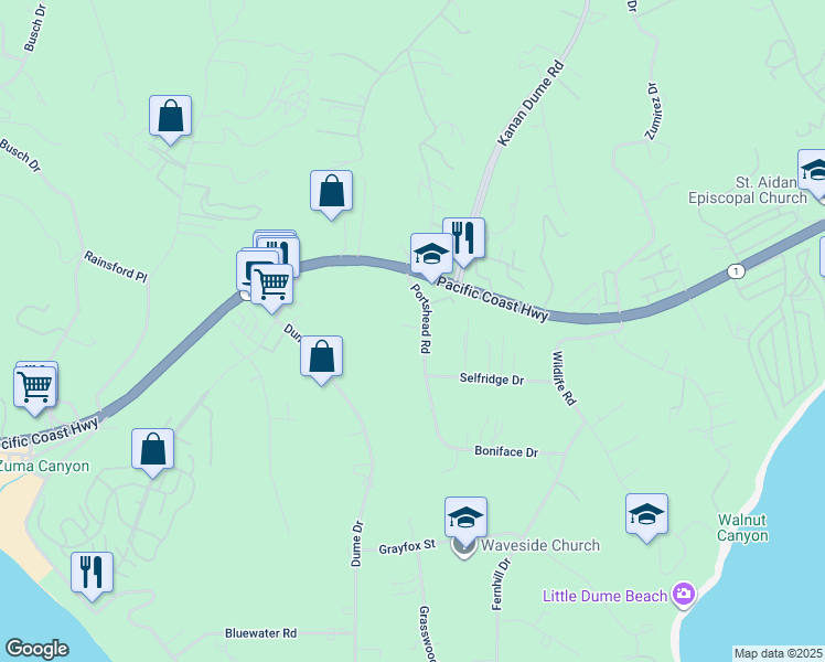 map of restaurants, bars, coffee shops, grocery stores, and more near 6585 Portshead Road in Malibu