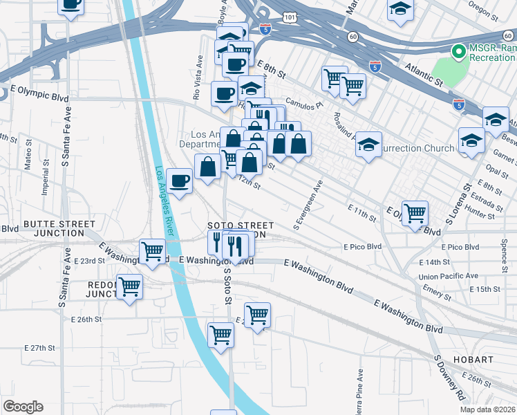 map of restaurants, bars, coffee shops, grocery stores, and more near 2857 East Pico Boulevard in Los Angeles