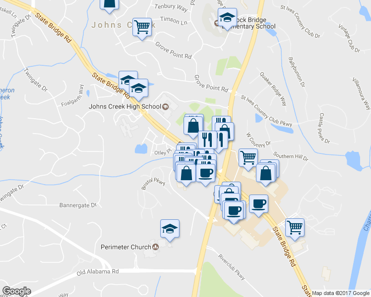 map of restaurants, bars, coffee shops, grocery stores, and more near 5958 State Bridge Road in Duluth