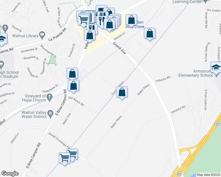 map of restaurants, bars, coffee shops, grocery stores, and more near 21491 Ferrero Parkway in Walnut