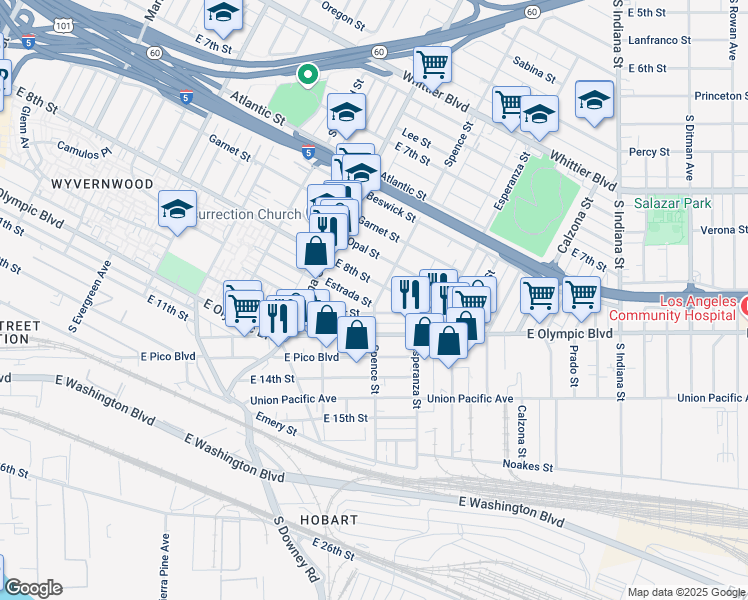 map of restaurants, bars, coffee shops, grocery stores, and more near 3475 Estrada Street in Los Angeles
