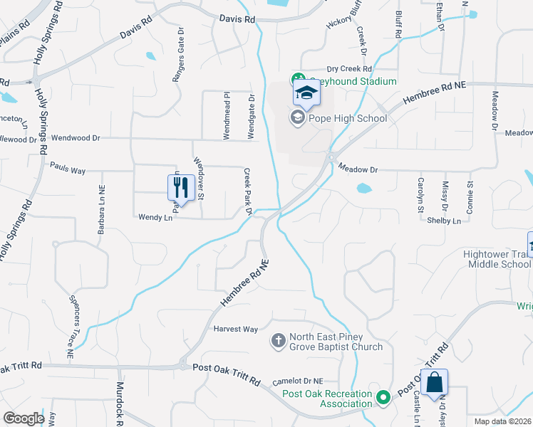 map of restaurants, bars, coffee shops, grocery stores, and more near 2905 Hembree Road Northeast in Marietta