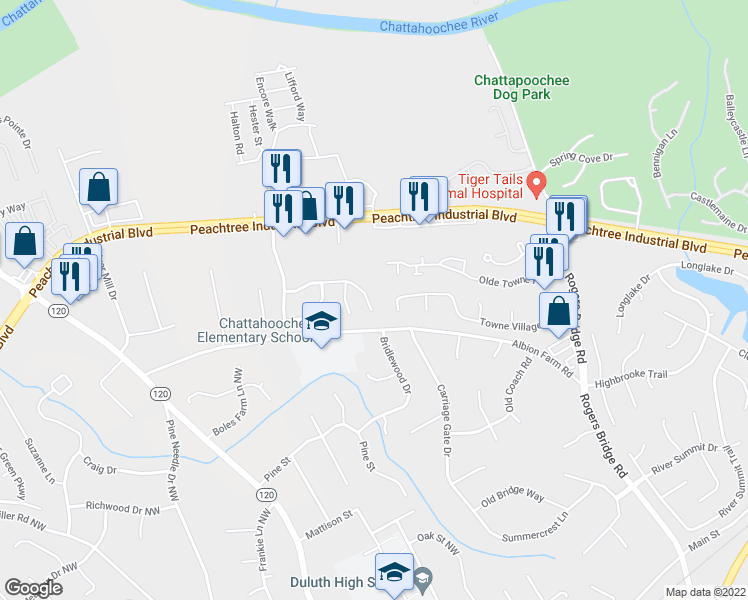 map of restaurants, bars, coffee shops, grocery stores, and more near 2547 Albion Farm Way in Duluth