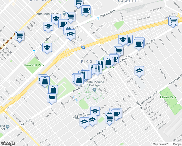 map of restaurants, bars, coffee shops, grocery stores, and more near 2016 20th Street in Santa Monica