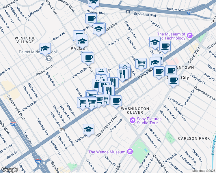 map of restaurants, bars, coffee shops, grocery stores, and more near 3745 Keystone Avenue in Los Angeles