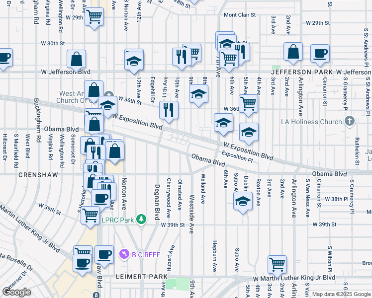 map of restaurants, bars, coffee shops, grocery stores, and more near 2901 Obama Boulevard in Los Angeles