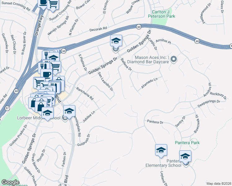 map of restaurants, bars, coffee shops, grocery stores, and more near 450 San Leandro Drive in Diamond Bar