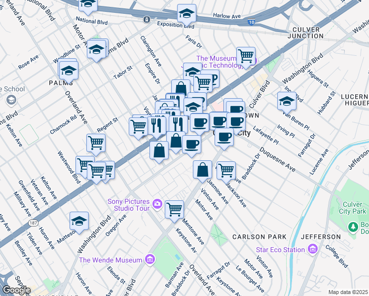 map of restaurants, bars, coffee shops, grocery stores, and more near 10201 Washington Boulevard in Culver City