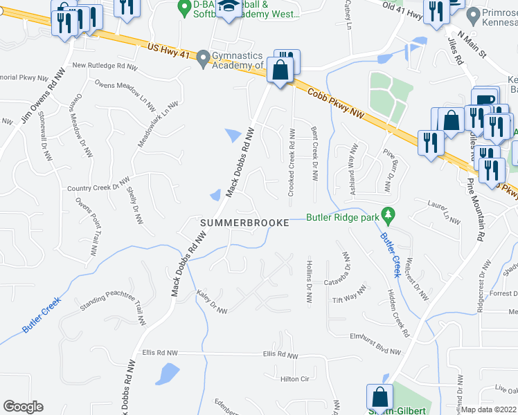 map of restaurants, bars, coffee shops, grocery stores, and more near 2689 Summerbrooke Drive in Kennesaw