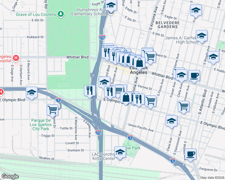 map of restaurants, bars, coffee shops, grocery stores, and more near 1106 South Duncan Avenue in East Los Angeles