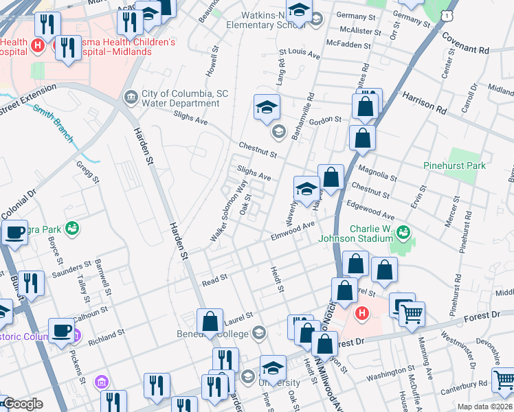 map of restaurants, bars, coffee shops, grocery stores, and more near 2310 Bolden Cir in Columbia