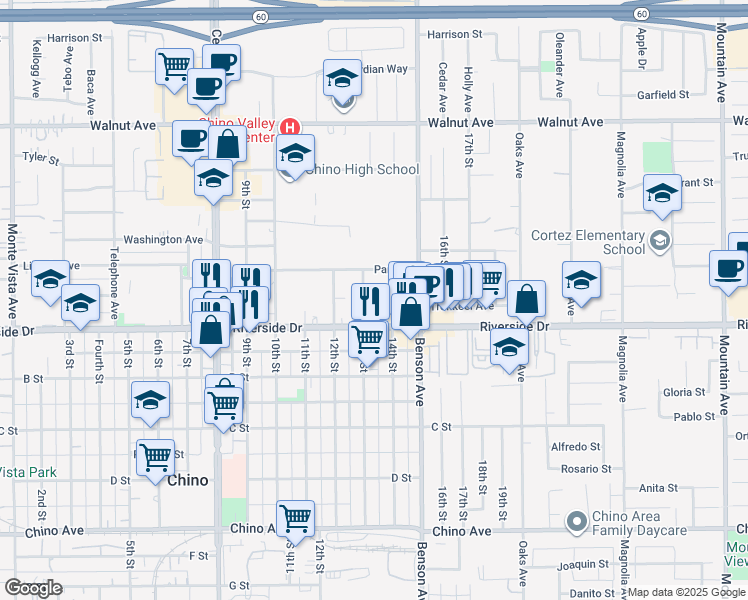 map of restaurants, bars, coffee shops, grocery stores, and more near 5640 Riverside Drive in Chino