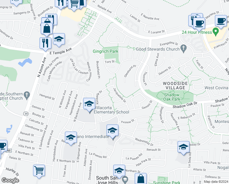 map of restaurants, bars, coffee shops, grocery stores, and more near 1844 Joan Court in West Covina