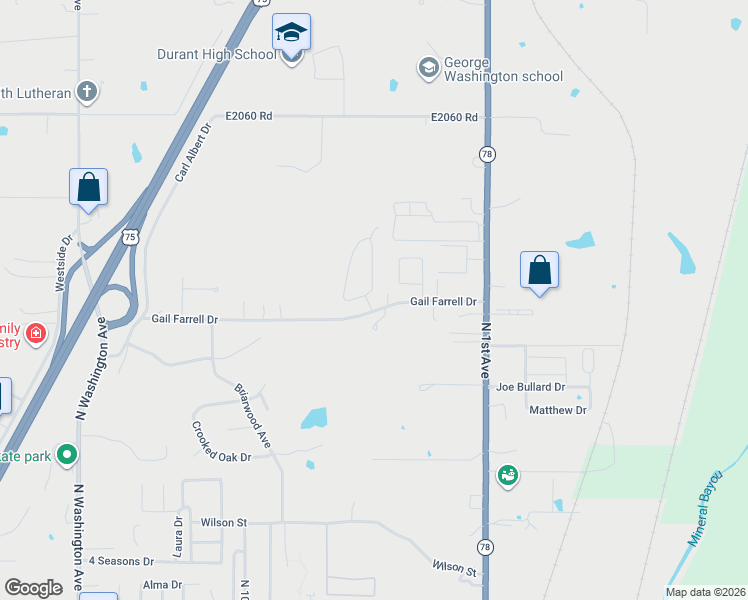 map of restaurants, bars, coffee shops, grocery stores, and more near 3000 Quail Ridge Circle in Durant