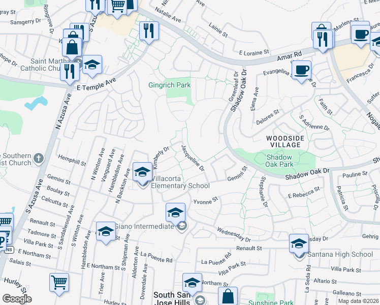 map of restaurants, bars, coffee shops, grocery stores, and more near 2938 Jacqueline Drive in West Covina