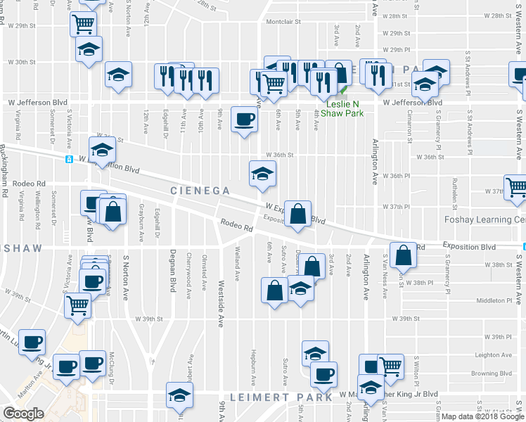 map of restaurants, bars, coffee shops, grocery stores, and more near 2623 West Exposition Place in Los Angeles