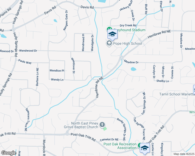 map of restaurants, bars, coffee shops, grocery stores, and more near 2905 Hembree Road Northeast in Marietta