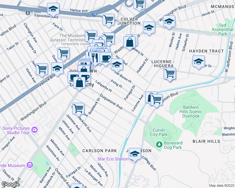 map of restaurants, bars, coffee shops, grocery stores, and more near 4156 Lafayette Place in Culver City
