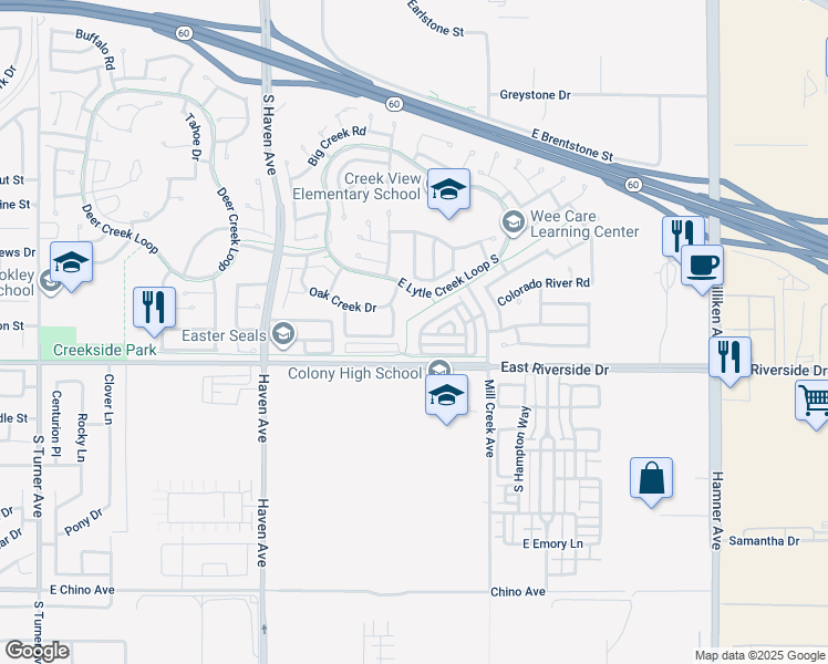 map of restaurants, bars, coffee shops, grocery stores, and more near 2914 Big Creek Lane in Ontario