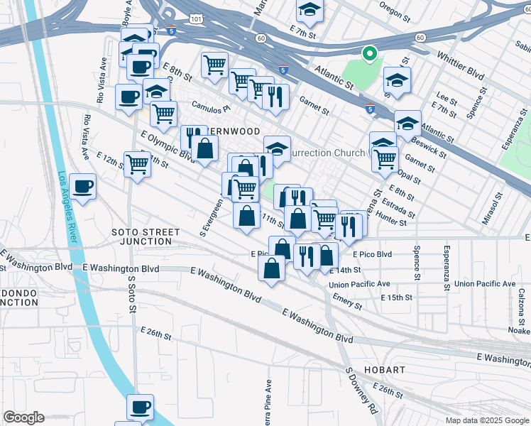 map of restaurants, bars, coffee shops, grocery stores, and more near 3113B East 11th Street in Los Angeles