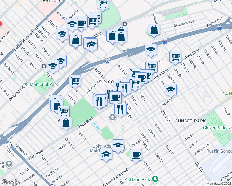 map of restaurants, bars, coffee shops, grocery stores, and more near 2029 20th Street in Santa Monica